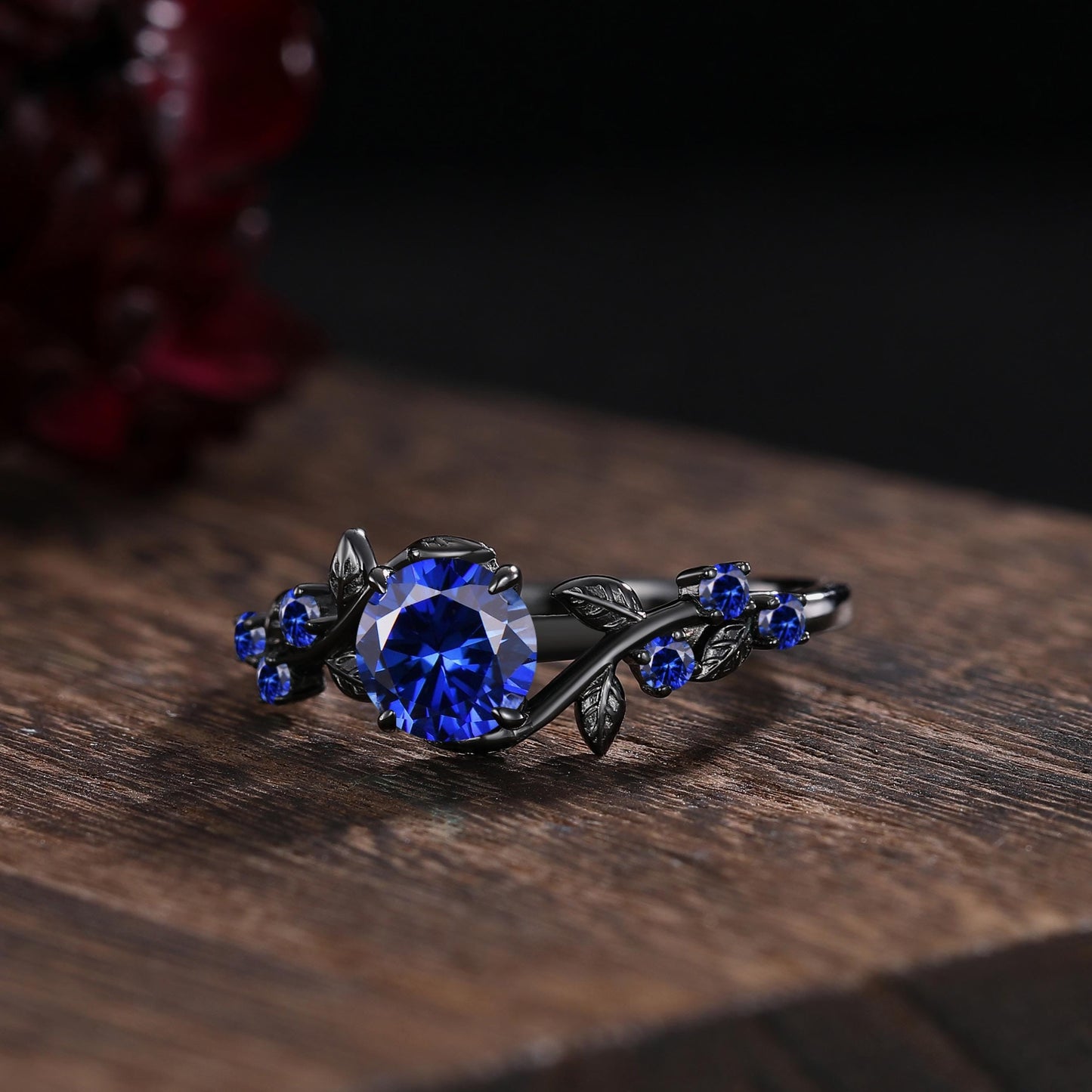 Unique Blue Sapphire Engagement Ring Gothic Black Gold His&Her Sapphire Matching Wedding Band Men's Tungsten Ring Leaf Design Stacking Rings - anerjuly