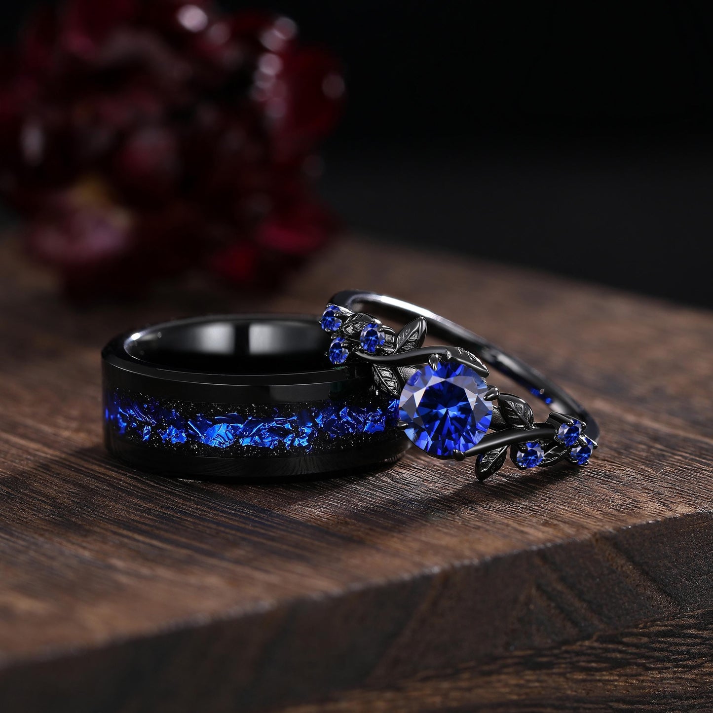 Unique Blue Sapphire Engagement Ring Gothic Black Gold His&Her Sapphire Matching Wedding Band Men's Tungsten Ring Leaf Design Stacking Rings - anerjuly
