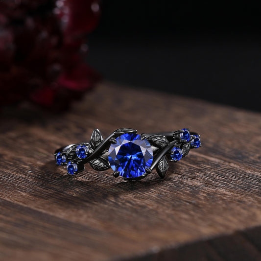 Unique Blue Sapphire Engagement Ring Gothic Black Gold His&Her Sapphire Matching Wedding Band Men's Tungsten Ring Leaf Design Stacking Rings - anerjuly