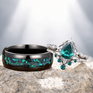 Unique Emerald Pear Cut Bridal Set Green Opal Tungsten Unique His and Hers Rings Couple Ring - anerjuly