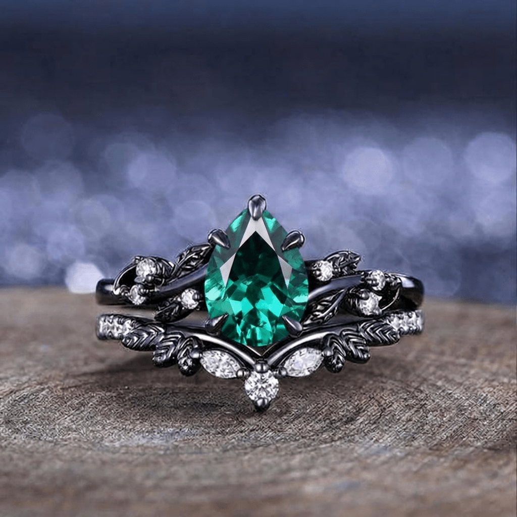 Unique Emerald Pear Cut Leaf Design Tungsten Unique His and Hers Rings Couple Ring - anerjuly