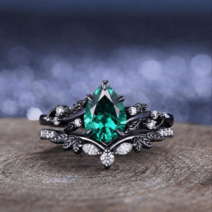 Unique Emerald Pear Cut Leaf Design Tungsten Unique His and Hers Rings Couple Ring - anerjuly