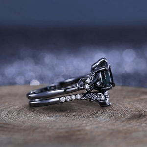 Unique Emerald Pear Cut Leaf Design Tungsten Unique His and Hers Rings Couple Ring - anerjuly
