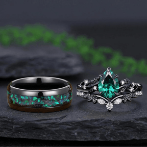 Unique Emerald Pear Cut Leaf Design Tungsten Unique His and Hers Rings Couple Ring - anerjuly