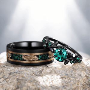 Unique Green Emerald Engagement Ring Gothic Black Gold His&Her Emerald Matching Wedding Band Men's Tungsten Ring Leaf Design Stacking Rings - anerjuly