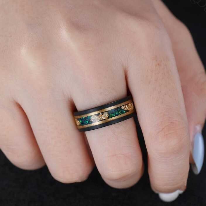 Unique Green Emerald Engagement Ring Gothic Black Gold His&Her Emerald Matching Wedding Band Men's Tungsten Ring Leaf Design Stacking Rings - anerjuly