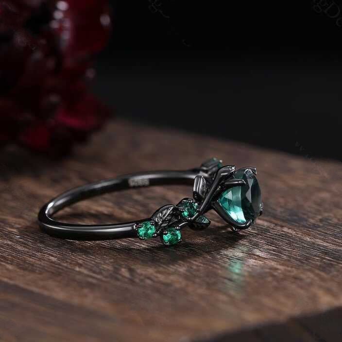 Unique Green Emerald Engagement Ring Gothic Black Gold His&Her Emerald Matching Wedding Band Men's Tungsten Ring Leaf Design Stacking Rings - anerjuly