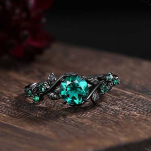 Unique Green Emerald Engagement Ring Gothic Black Gold His&Her Emerald Matching Wedding Band Men's Tungsten Ring Leaf Design Stacking Rings - anerjuly