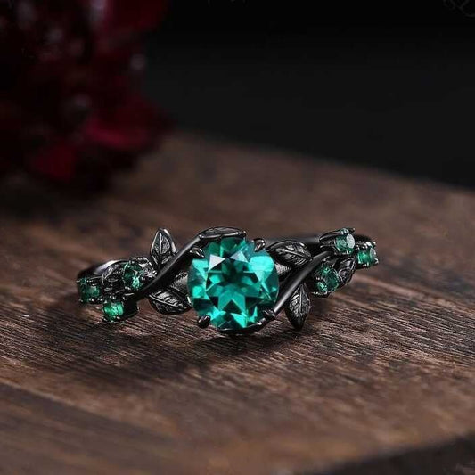 Unique Green Emerald Engagement Ring Gothic Black Gold His&Her Emerald Matching Wedding Band Men's Tungsten Ring Leaf Design Stacking Rings - anerjuly