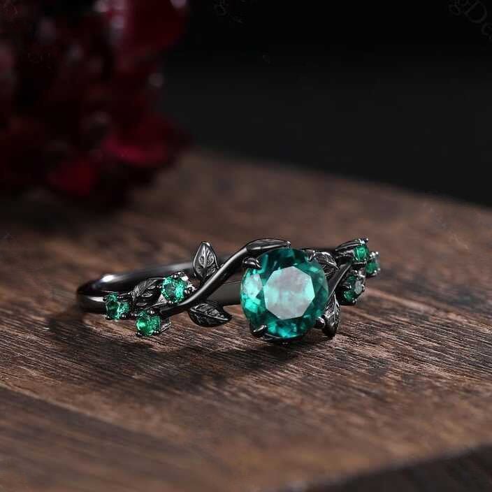 Unique Green Emerald Engagement Ring Gothic Black Gold His&Her Emerald Matching Wedding Band Men's Tungsten Ring Leaf Design Stacking Rings - anerjuly