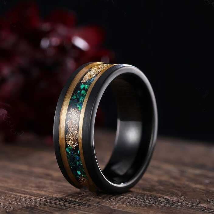 Unique Green Emerald Engagement Ring Gothic Black Gold His&Her Emerald Matching Wedding Band Men's Tungsten Ring Leaf Design Stacking Rings - anerjuly