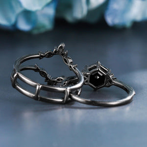 Unique Hexagon Cut Natural Black Onyx S925 Ring Flowery Design Bridal Engagement Ring - anerjuly