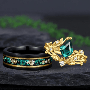 Unique Kite Cut Green Emerald Couple Ring Set Black Tungsten Gold Edge Opal His And Hers Rings - anerjuly