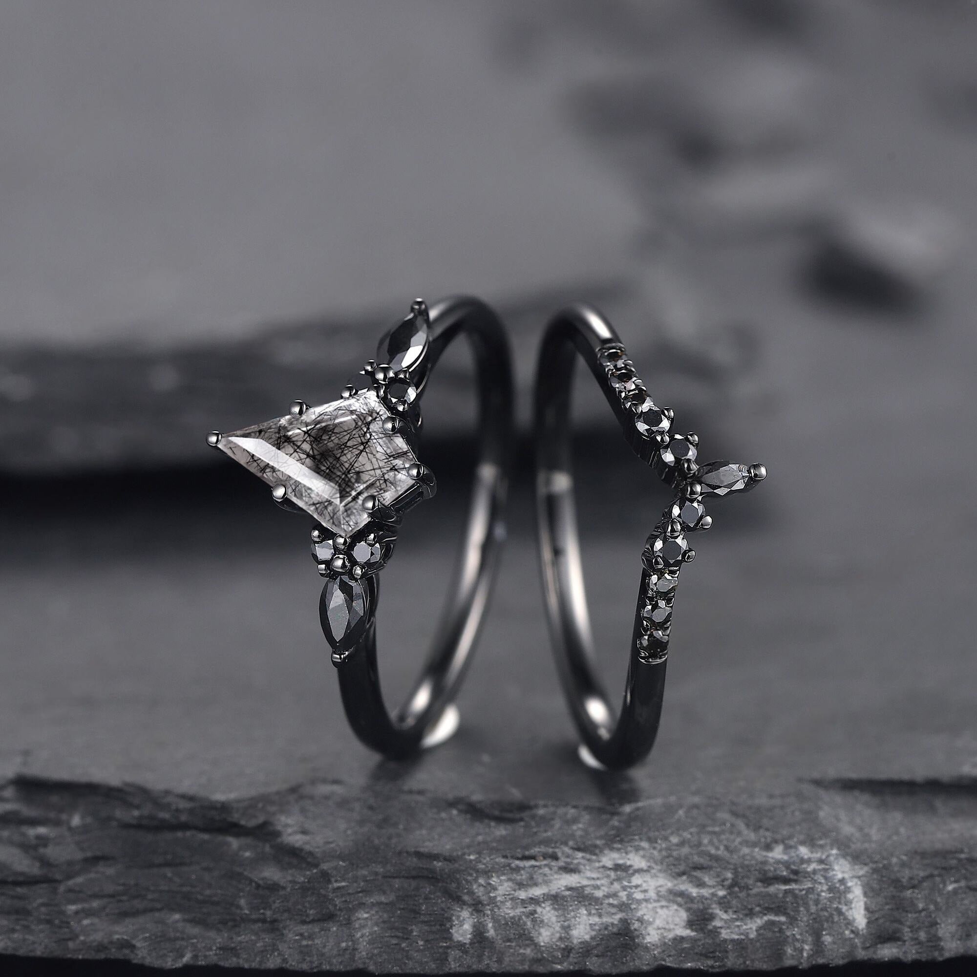 Unique Kite Cut Natural Rutilated Quartz Engagement Ring Set Art Deco Black Spinel 2pcs Bridal Ring Set Anniversary Gift Women - anerjuly