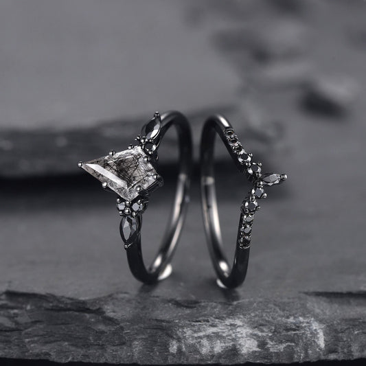 Unique Kite Cut Natural Rutilated Quartz Engagement Ring Set Art Deco Black Spinel 2pcs Bridal Ring Set Anniversary Gift Women - anerjuly