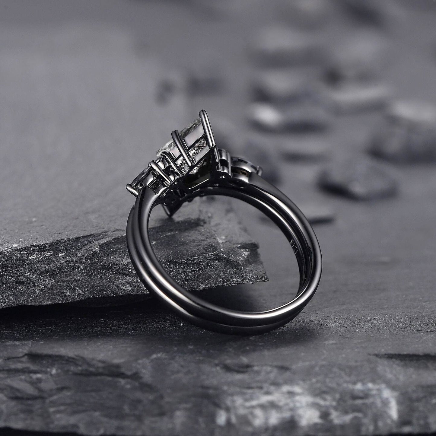 Unique Kite Cut Natural Rutilated Quartz Engagement Ring Set Art Deco Black Spinel 2pcs Bridal Ring Set Anniversary Gift Women - anerjuly