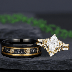 Unique Marquise shaped Bridal Set Couple Ring Set His and Her Engagement matching rings - anerjuly