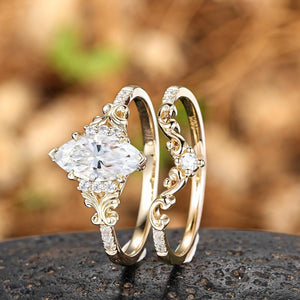 Unique Marquise shaped Bridal Set Couple Ring Set His and Her Engagement matching rings - anerjuly