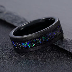 Unique Men's Black Tungsten Wedding Band Blue/Green Opal Inlay Black Tungsten Ring - anerjuly
