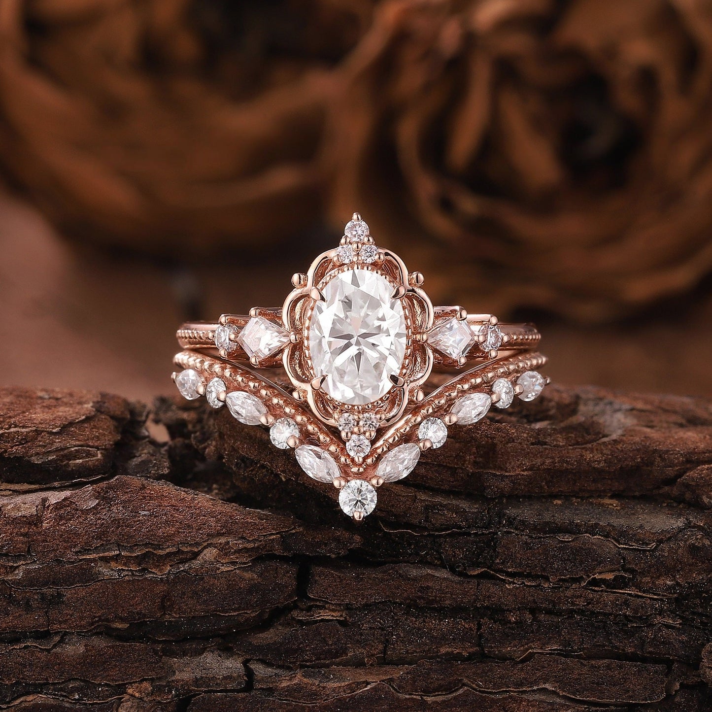 Unique Moissanite Engagement Ring Set Floral Ring Rose Gold Ring Set Leaf Ring Bridal Set Cluster Ring Vintage Rings for Women - anerjuly