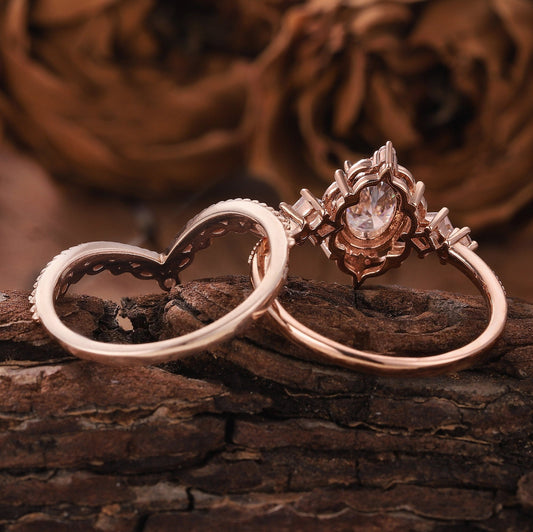 Unique Moissanite Engagement Ring Set Floral Ring Rose Gold Ring Set Leaf Ring Bridal Set Cluster Ring Vintage Rings for Women - anerjuly
