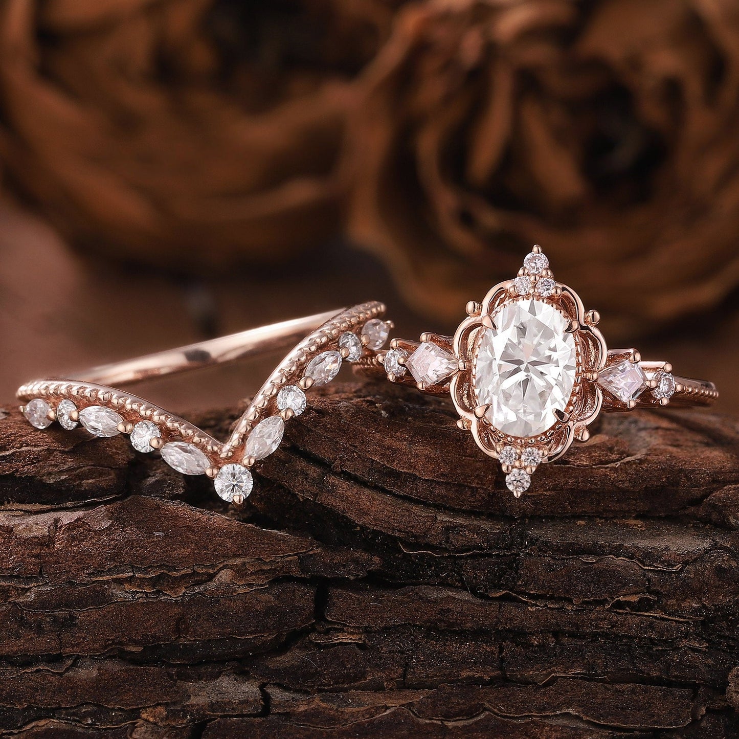 Unique Moissanite Engagement Ring Set Floral Ring Rose Gold Ring Set Leaf Ring Bridal Set Cluster Ring Vintage Rings for Women - anerjuly