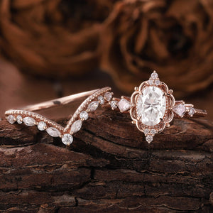 Unique Moissanite Engagement Ring Set Floral Ring Rose Gold Ring Set Leaf Ring Bridal Set Cluster Ring Vintage Rings for Women - anerjuly