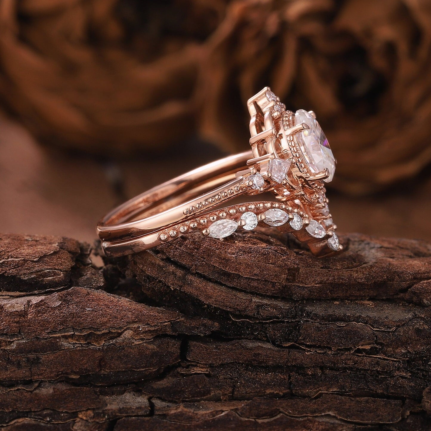Unique Moissanite Engagement Ring Set Floral Ring Rose Gold Ring Set Leaf Ring Bridal Set Cluster Ring Vintage Rings for Women - anerjuly