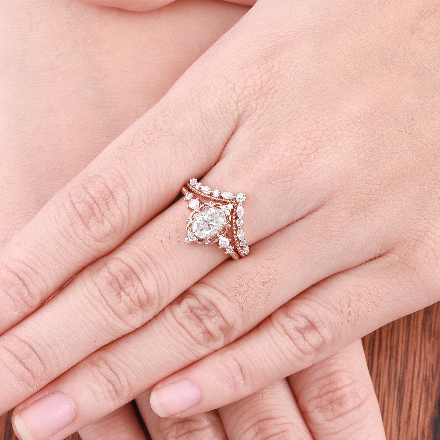 Unique Moissanite Engagement Ring Set Floral Ring Rose Gold Ring Set Leaf Ring Bridal Set Cluster Ring Vintage Rings for Women - anerjuly
