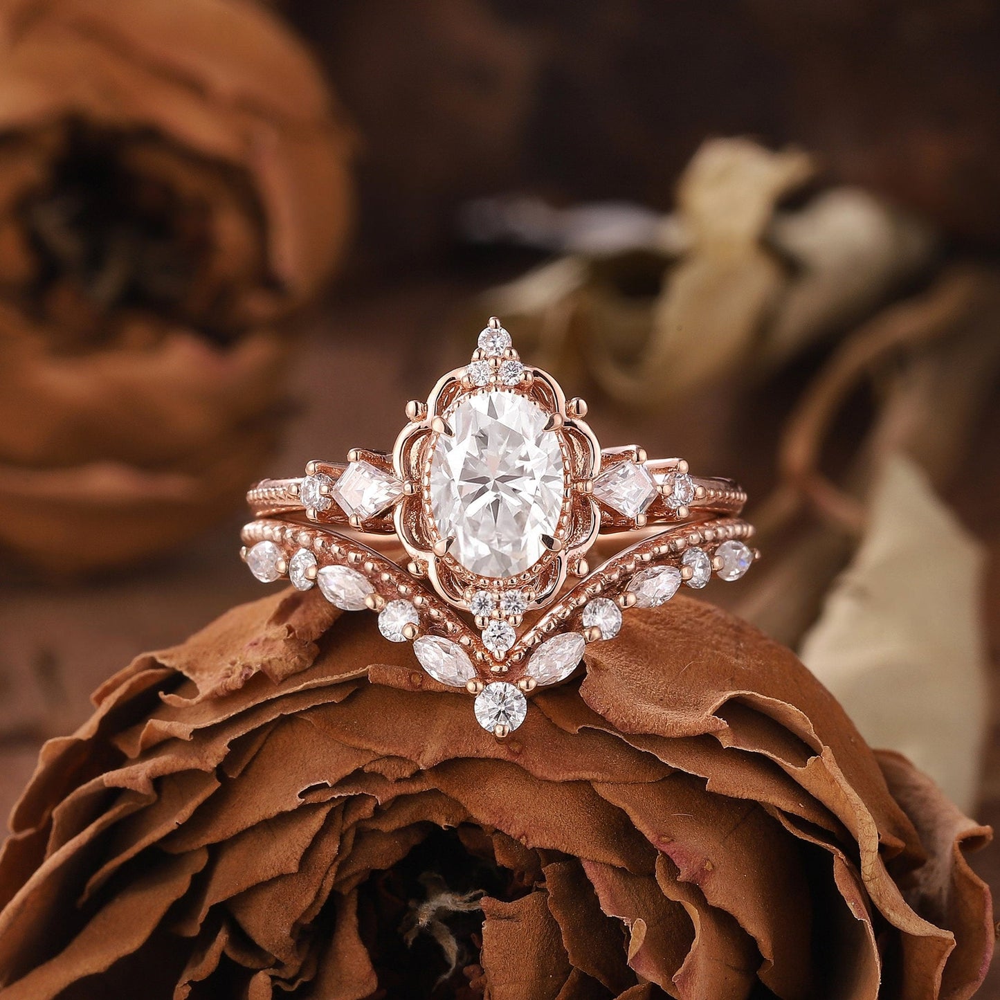 Unique Moissanite Engagement Ring Set Floral Ring Rose Gold Ring Set Leaf Ring Bridal Set Cluster Ring Vintage Rings for Women - anerjuly