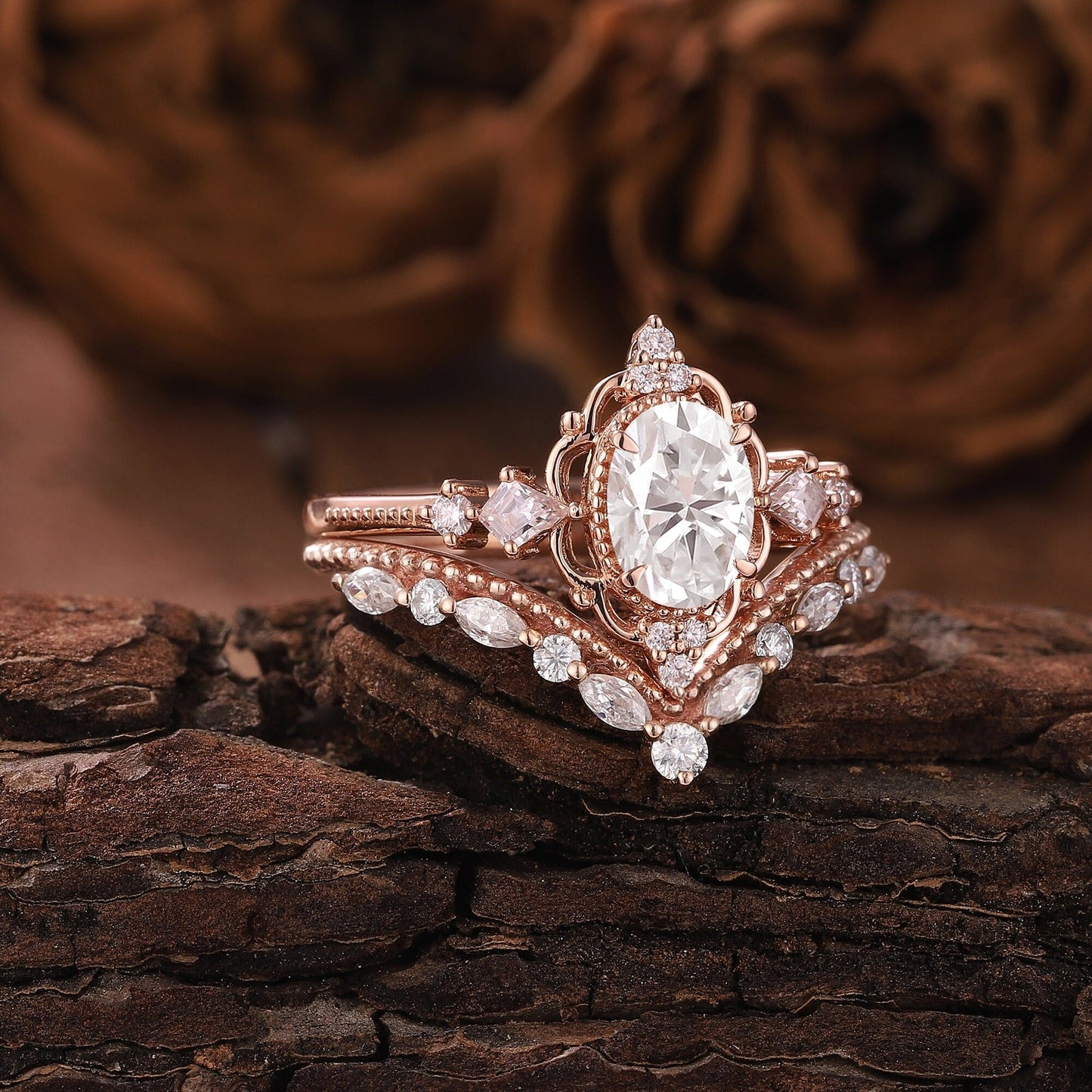 Unique Moissanite Engagement Ring Set Floral Ring Rose Gold Ring Set Leaf Ring Bridal Set Cluster Ring Vintage Rings for Women - anerjuly