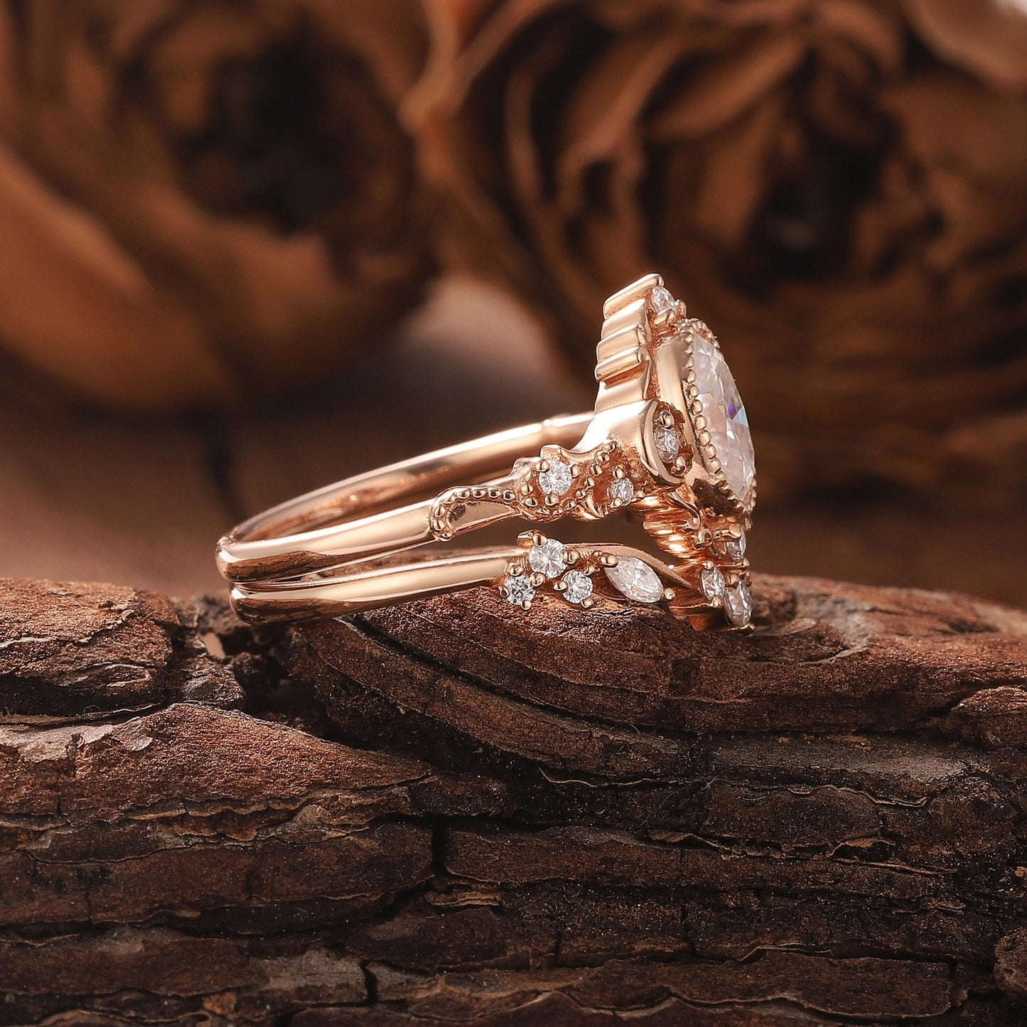 Unique Moissanite Engagement Ring Set Floral Ring Set Bridal Set Cluster Ring Vintage Rings for Women - anerjuly