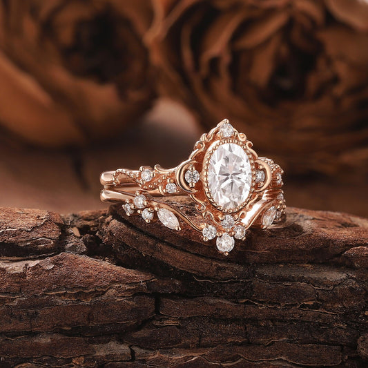 Unique Moissanite Engagement Ring Set Floral Ring Set Bridal Set Cluster Ring Vintage Rings for Women - anerjuly