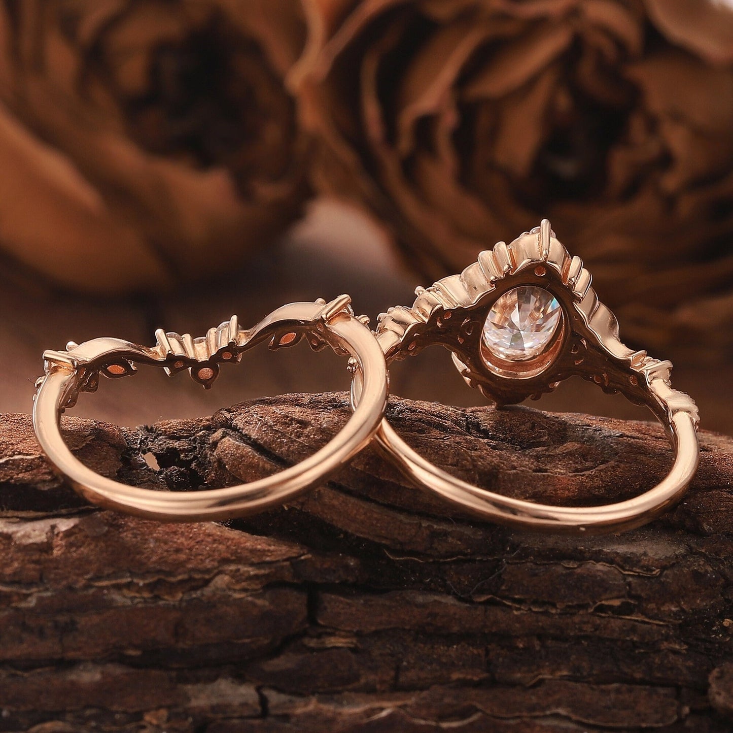 Unique Moissanite Engagement Ring Set Floral Ring Set Bridal Set Cluster Ring Vintage Rings for Women - anerjuly