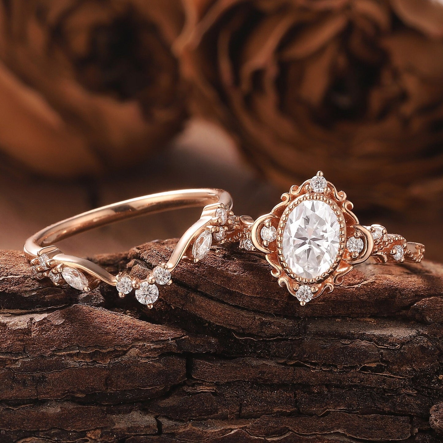 Unique Moissanite Engagement Ring Set Floral Ring Set Bridal Set Cluster Ring Vintage Rings for Women - anerjuly