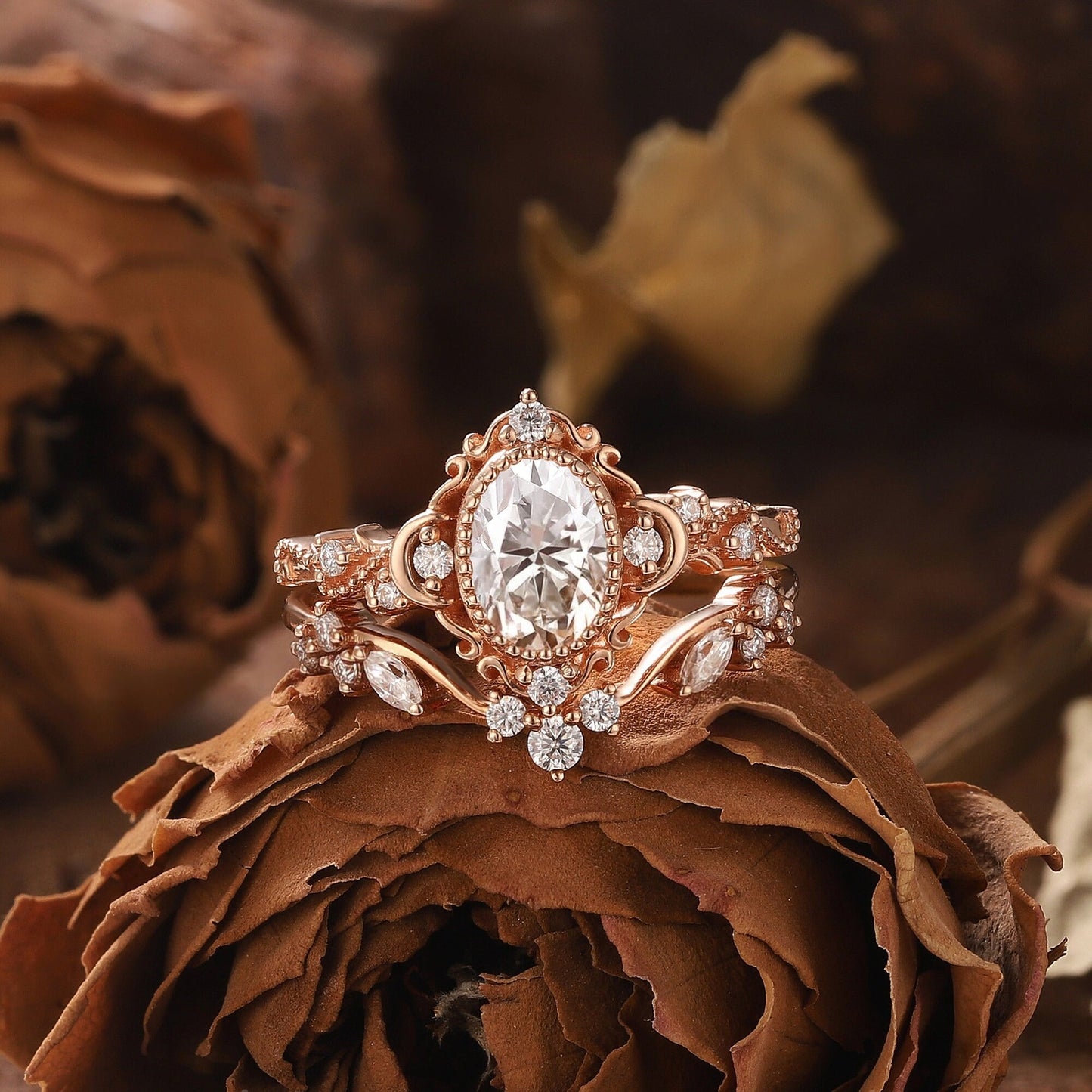 Unique Moissanite Engagement Ring Set Floral Ring Set Bridal Set Cluster Ring Vintage Rings for Women - anerjuly