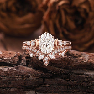 Unique Moissanite Engagement Ring Set Rose Gold Moissanite Bridal Set Vintage Moon Ring Art Deco Ring - anerjuly