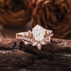Unique Moissanite Engagement Ring Set Rose Gold Moissanite Bridal Set Vintage Moon Ring Art Deco Ring - anerjuly