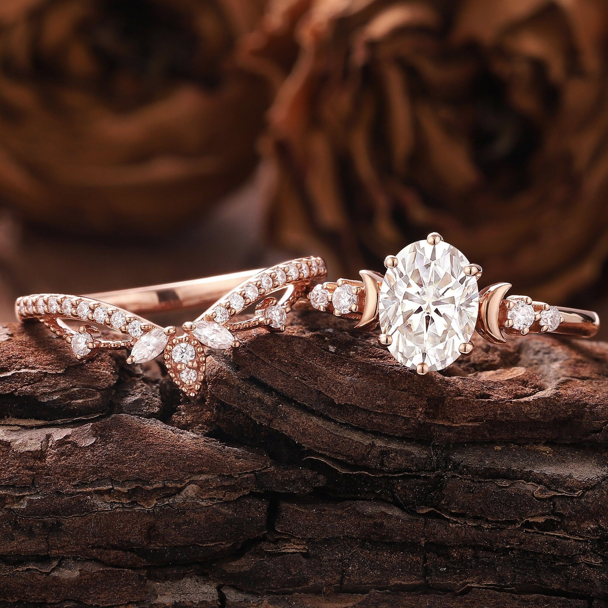 Unique Moissanite Engagement Ring Set Rose Gold Moissanite Bridal Set Vintage Moon Ring Art Deco Ring - anerjuly