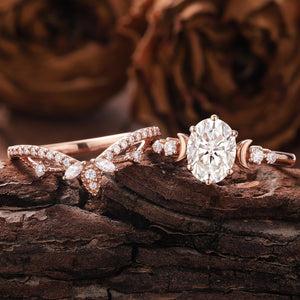 Unique Moissanite Engagement Ring Set Rose Gold Moissanite Bridal Set Vintage Moon Ring Art Deco Ring - anerjuly