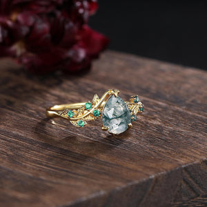 Unique Moss Agate Couple Ring Set His&Her Matching Wedding Band Moss Agate Engagement Ring Men's Emerald Tungsten Ring Emerald Bridal Ring - anerjuly