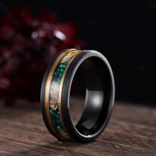 Unique Moss Agate Couple Ring Set His&Her Matching Wedding Band Moss Agate Engagement Ring Men's Emerald Tungsten Ring Emerald Bridal Ring - anerjuly
