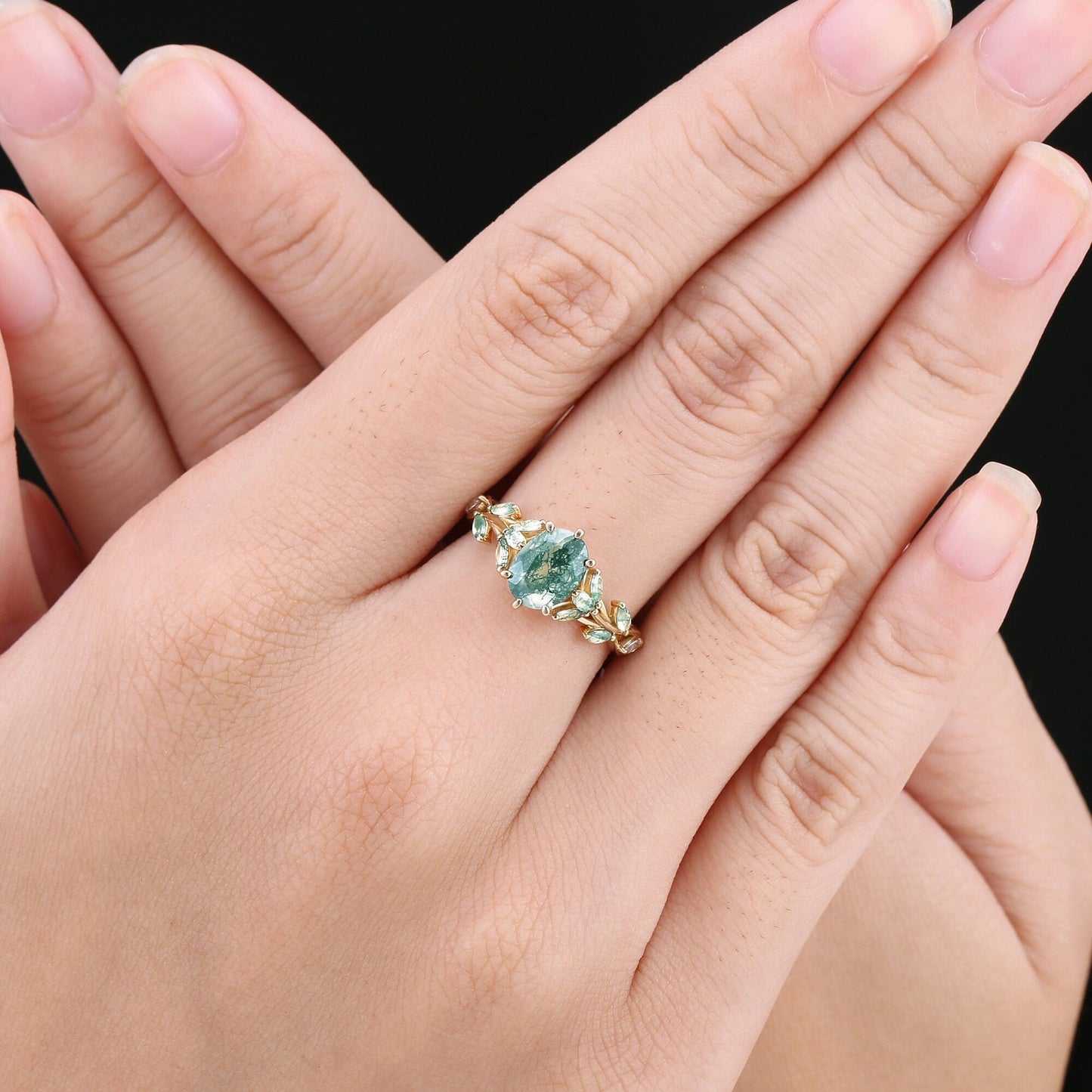 Unique Moss Agate Couple Rings Gold His & Her Matching Wedding Band Men's Tungsten Ring Leaf Design Engagement Ring - anerjuly