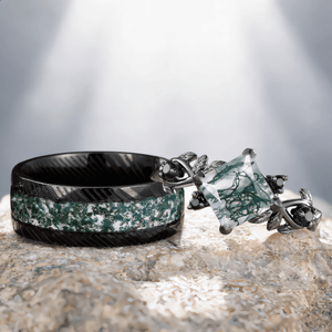 Unique Moss Agate Couple Rings Nature - Inspired His & Her Matching Wedding Band - anerjuly