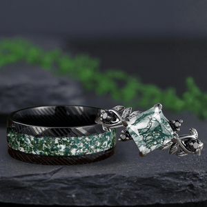 Unique Moss Agate Couple Rings Nature - Inspired His & Her Matching Wedding Band - anerjuly