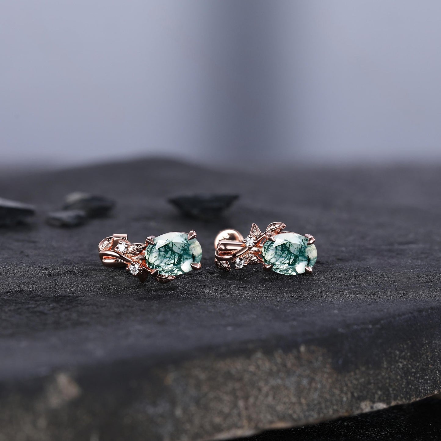 Unique Moss Agate Earrings, Art Deco Moissanite Diamond Delicate Dainty Earrings, Vintage Minimalist Women Gift Twisted Branch Earrings - anerjuly