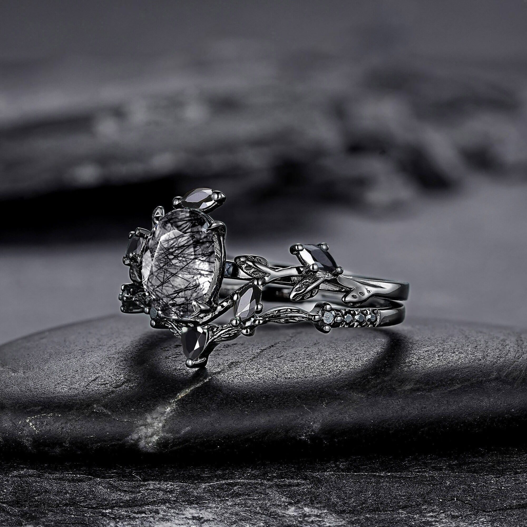 Unique Oval Cut Black Rutilated Quartz Engagement Ring Set Moissanite Cluster Wedding Ring Art Deco 925 Sterling Silver Ring - anerjuly
