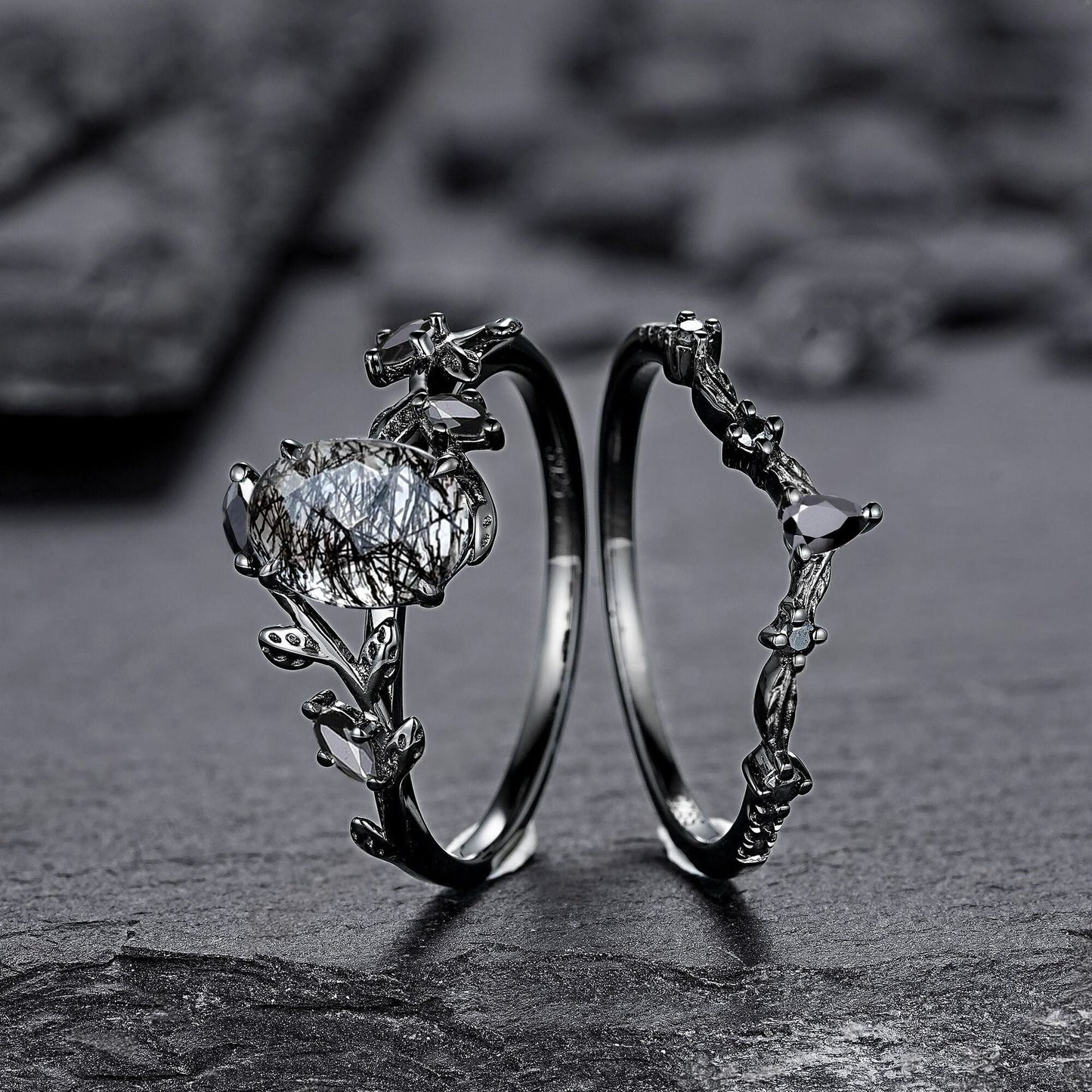 Unique Oval Cut Black Rutilated Quartz Engagement Ring Set Moissanite Cluster Wedding Ring Art Deco 925 Sterling Silver Ring - anerjuly