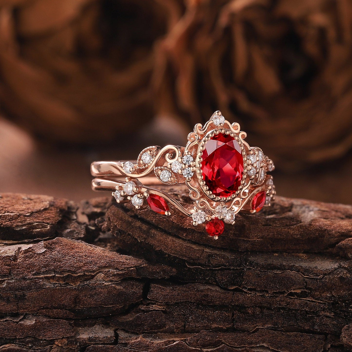 Unique Oval Cut Ruby Engagement Ring Set Solid Gold Floral RingRing Art Deco Leaf Ring Set Moissanite Ring Cluster Ring Promise Ring For Her - anerjuly