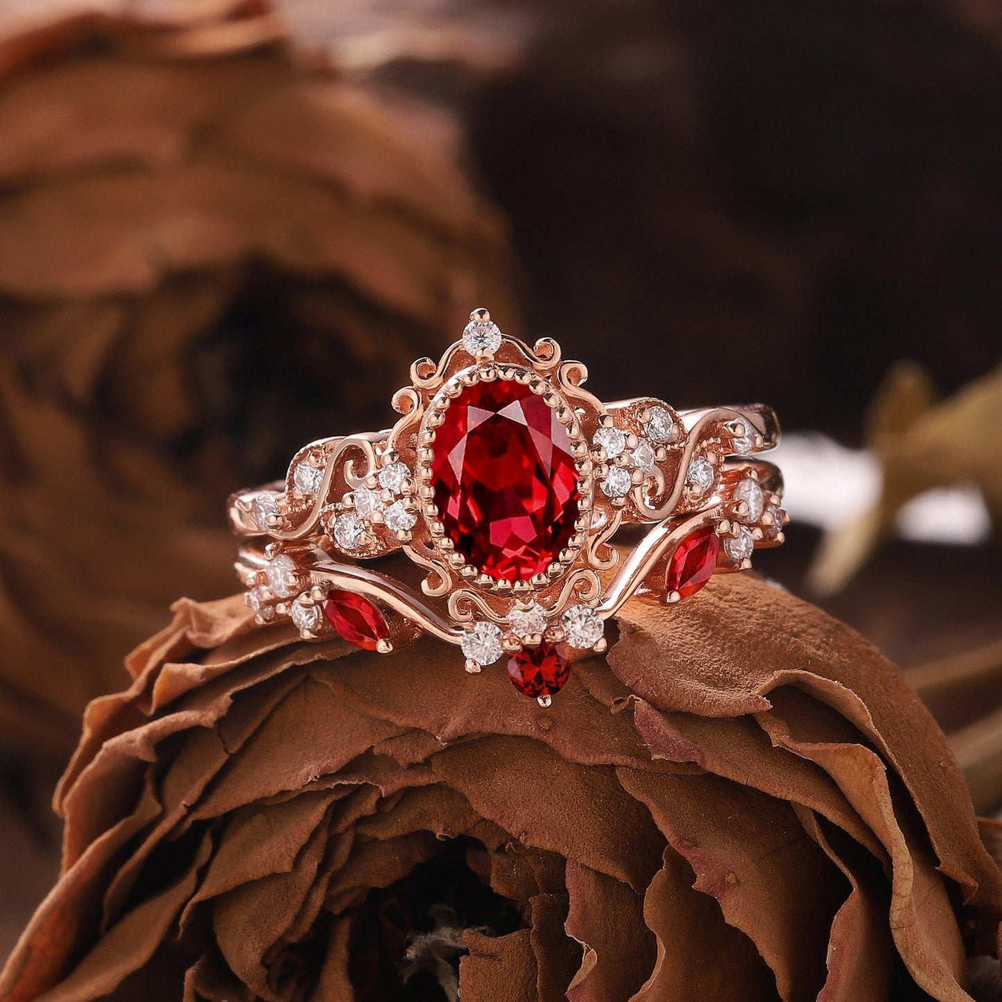 Unique Oval Cut Ruby Engagement Ring Set Solid Gold Floral RingRing Art Deco Leaf Ring Set Moissanite Ring Cluster Ring Promise Ring For Her - anerjuly